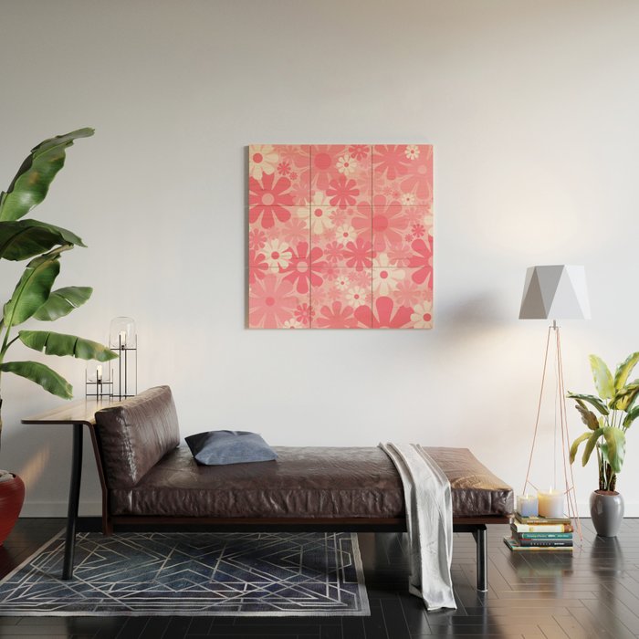 Retro 60s 70s Aesthetic Floral Pattern in Candy Pink Wood Wall Art Gallery Image 2