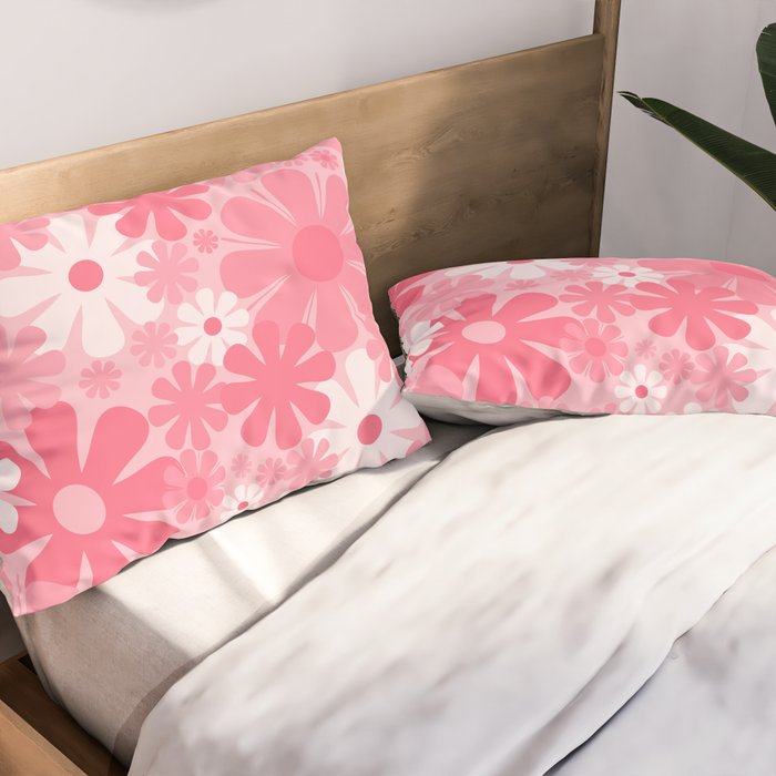 Retro 60s 70s Aesthetic Floral Pattern in Candy Pink Pillow Sham Gallery Image 2