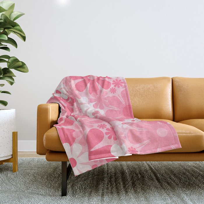 Retro 60s 70s Aesthetic Floral Pattern in Candy Pink Throw Blanket Gallery Image 1