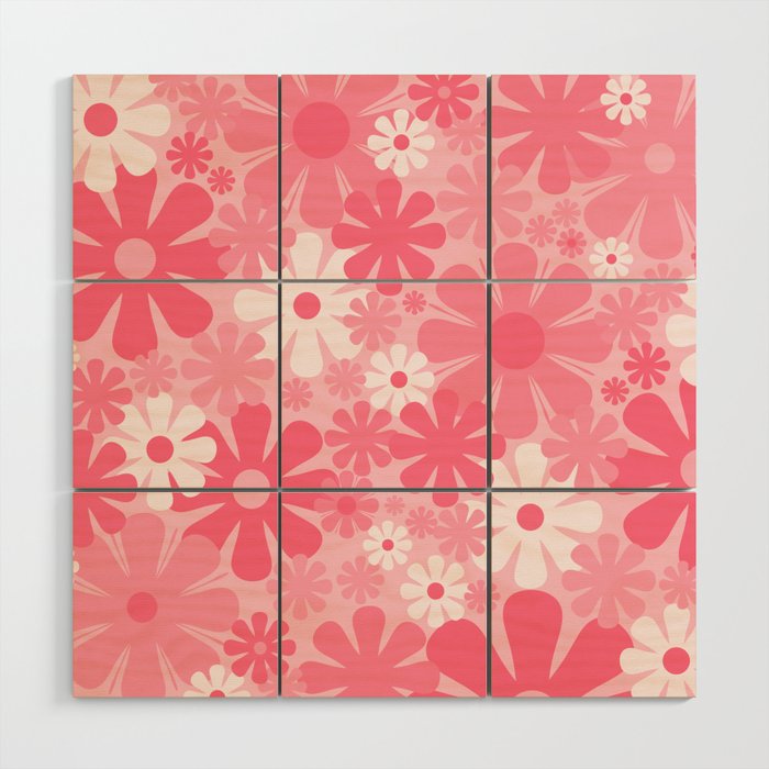 Retro 60s 70s Aesthetic Floral Pattern in Candy Pink Wood Wall Art Gallery Image 1