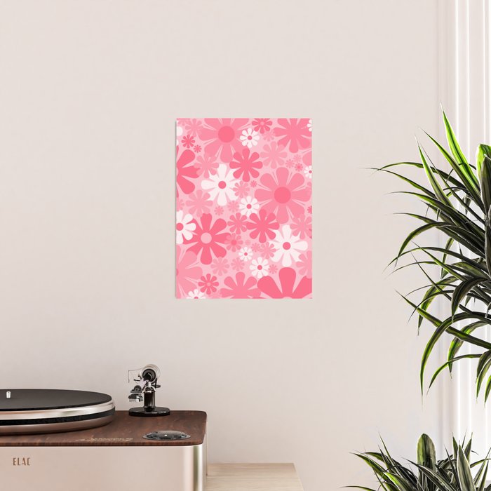 Retro 60s 70s Aesthetic Floral Pattern in Candy Pink Poster Gallery Image 2