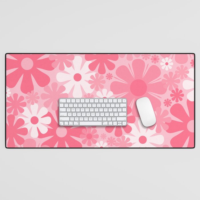 Retro 60s 70s Aesthetic Floral Pattern in Candy Pink Desk Mat Gallery Image 1