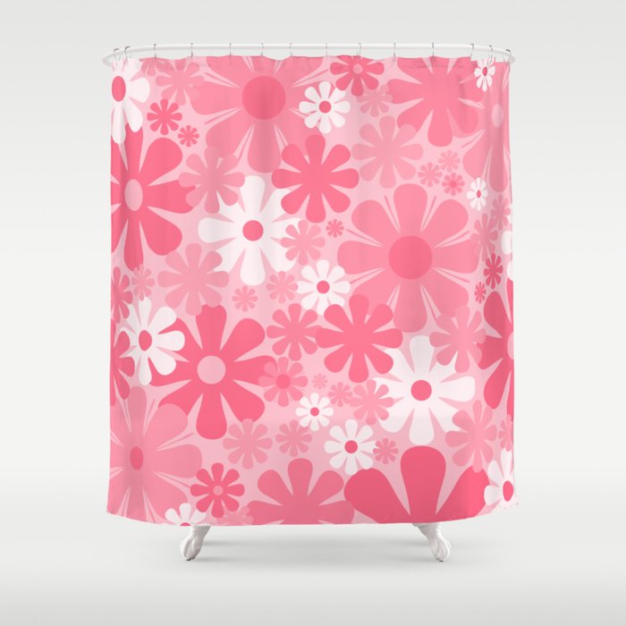 Retro 60s 70s Aesthetic Floral Pattern in Candy Pink Shower Curtain Gallery Image 1