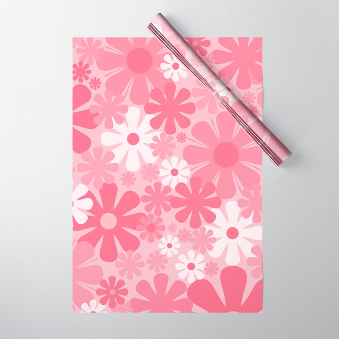 Retro 60s 70s Aesthetic Floral Pattern in Candy Pink Wrapping Paper Gallery Image 1