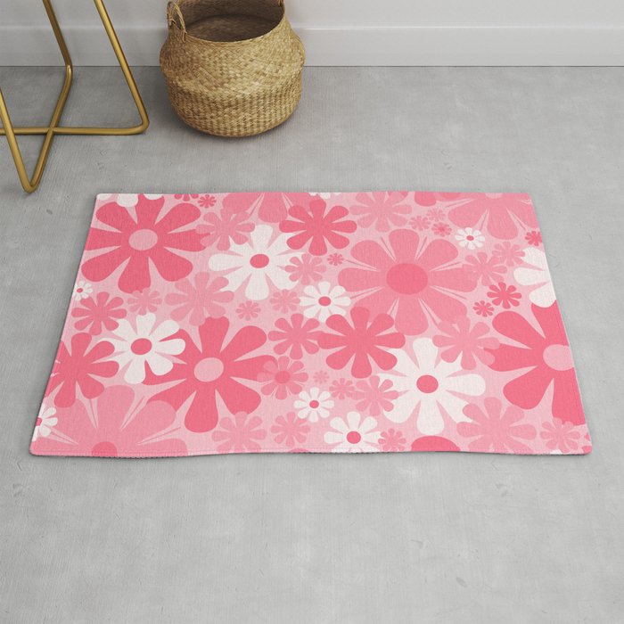 Retro 60s 70s Aesthetic Floral Pattern in Candy Pink Rug Gallery Image 1