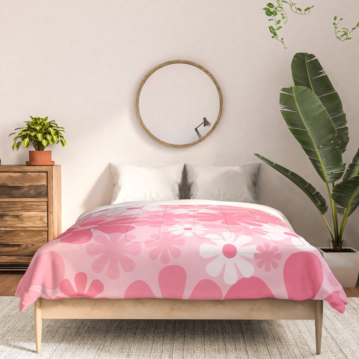 Retro 60s 70s Aesthetic Floral Pattern in Candy Pink Comforter Gallery Image 3
