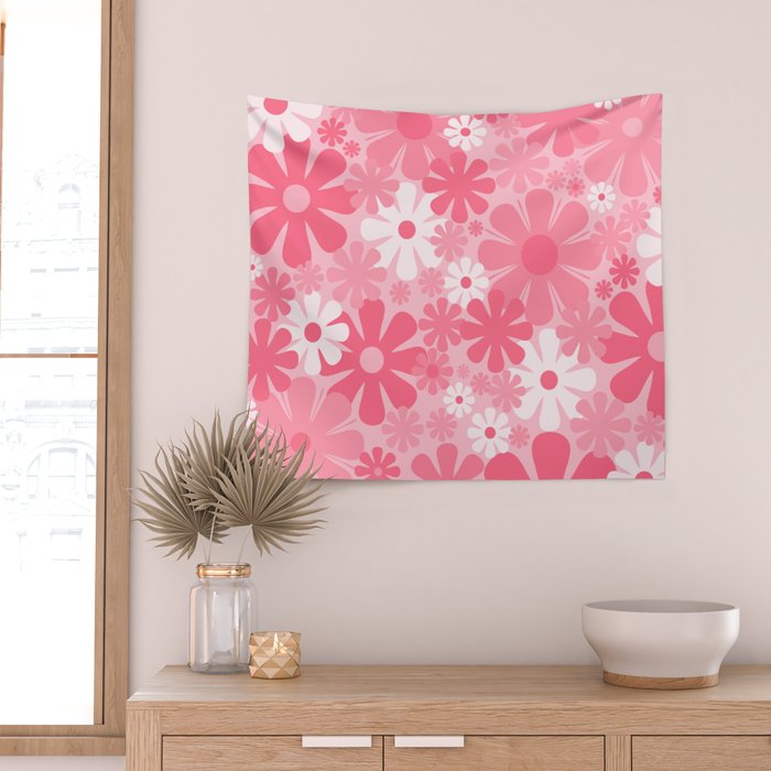 Retro 60s 70s Aesthetic Floral Pattern in Candy Pink Wall Tapestry Gallery Image 2