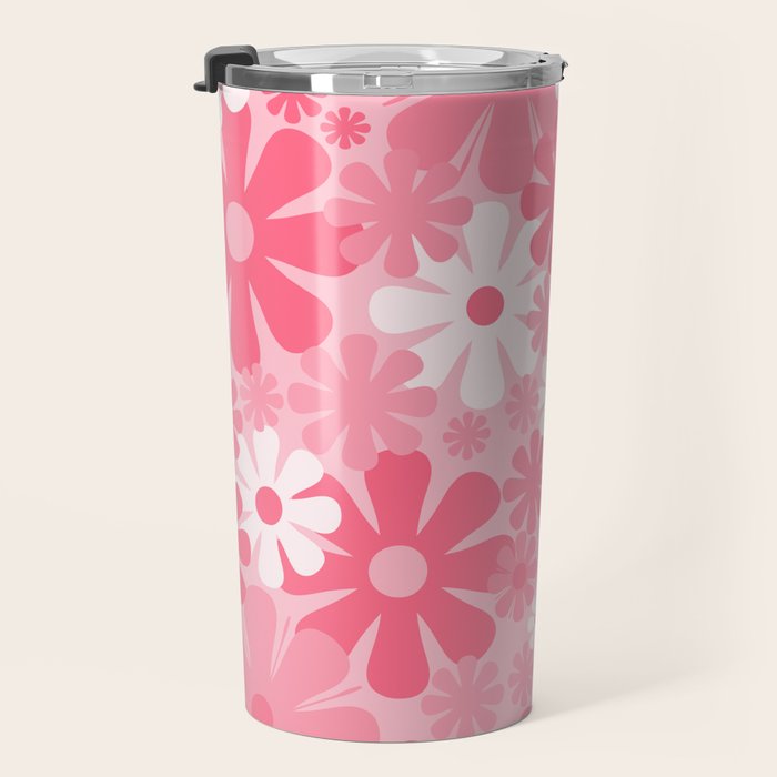 Retro 60s 70s Aesthetic Floral Pattern in Candy Pink Travel Mug Gallery Image 3