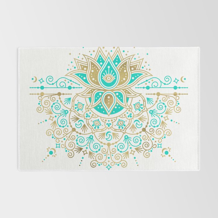 Sacred Lotus Mandala - Turquoise & Gold Palette Rug Gallery Image 2