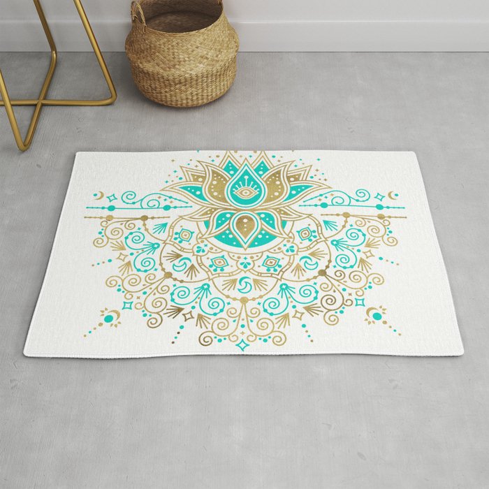 Sacred Lotus Mandala - Turquoise & Gold Palette Rug Gallery Image 1