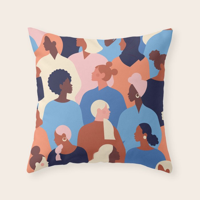 Female diverse faces of different ethnicity blue Throw Pillow Gallery Image 1