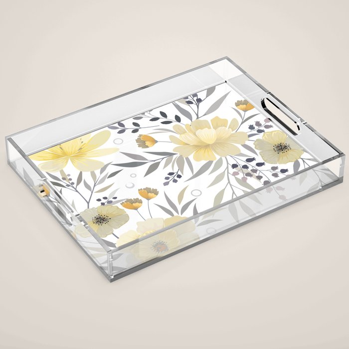 Modern, Floral Prints, Yellow, Gray and White Acrylic Tray Gallery Image 1
