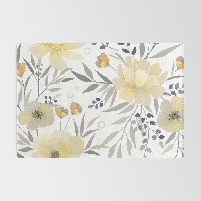Modern, Floral Prints, Yellow, Gray and White Rug Gallery Image 2