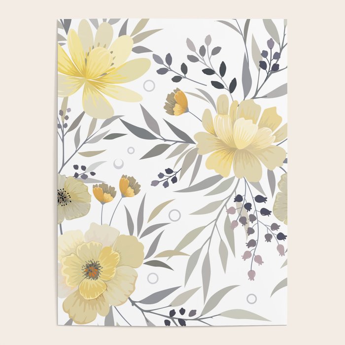 Modern, Floral Prints, Yellow, Gray and White Poster Gallery Image 1