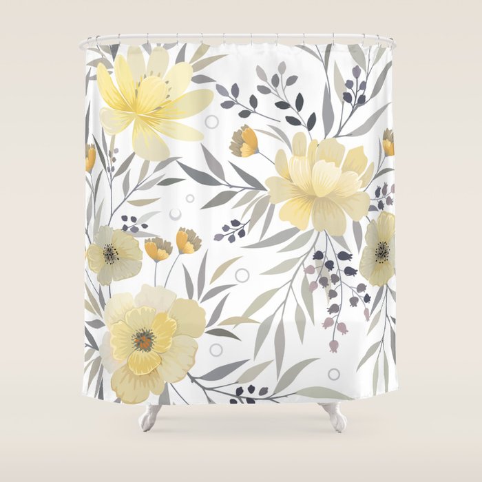 Modern, Floral Prints, Yellow, Gray and White Shower Curtain Gallery Image 1