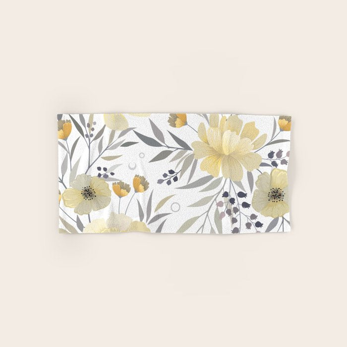 Modern, Floral Prints, Yellow, Gray and White Hand & Bath Towel Gallery Image 1