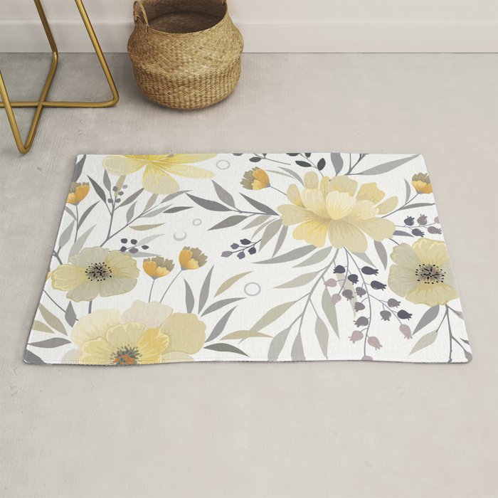 Modern, Floral Prints, Yellow, Gray and White Rug Gallery Image 1