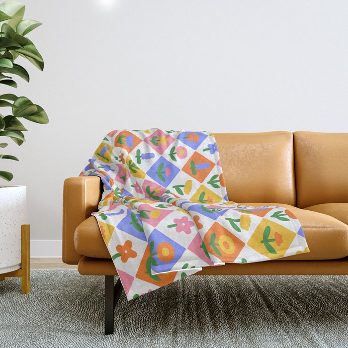 Retro colorful geometric flower art pattern Throw Blanket Gallery Image 1