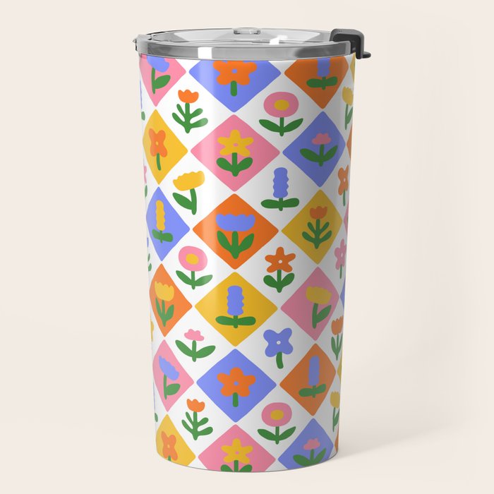 Retro colorful geometric flower art pattern Travel Mug Gallery Image 2