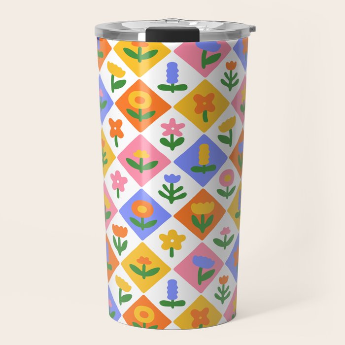 Retro colorful geometric flower art pattern Travel Mug Gallery Image 1