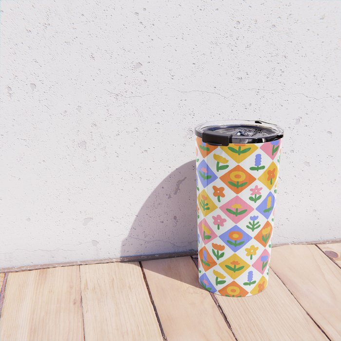Retro colorful geometric flower art pattern Travel Mug Gallery Image 4