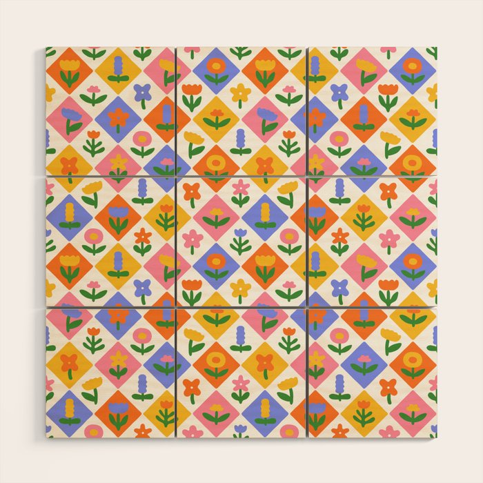 Retro colorful geometric flower art pattern Wood Wall Art Gallery Image 1