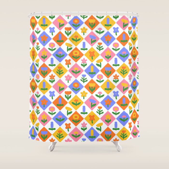 Retro colorful geometric flower art pattern Shower Curtain Gallery Image 1