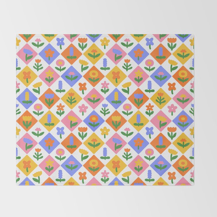 Retro colorful geometric flower art pattern Throw Blanket Gallery Image 2