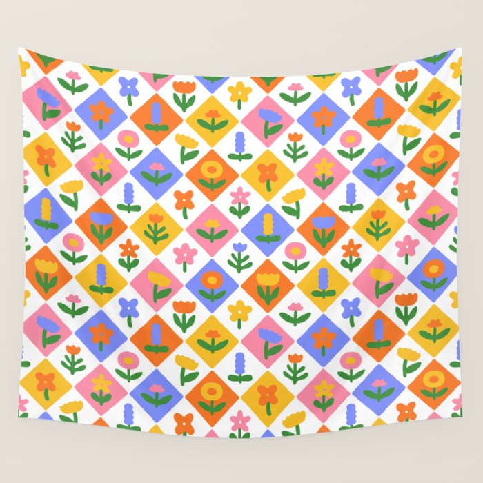 Retro colorful geometric flower art pattern Wall Tapestry Gallery Image 1