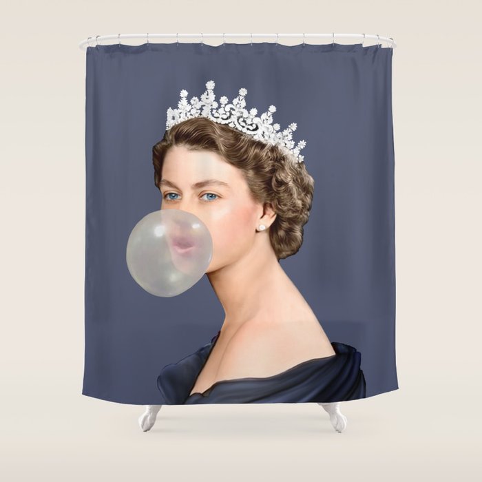 Queen Elizabeth in blue satin blowing a bubble gum Shower Curtain Gallery Image 1