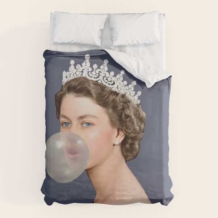 Queen Elizabeth in blue satin blowing a bubble gum Duvet Cover Gallery Image 6
