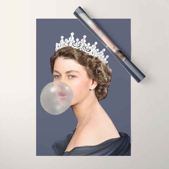 Queen Elizabeth in blue satin blowing a bubble gum Wrapping Paper Gallery Image 1
