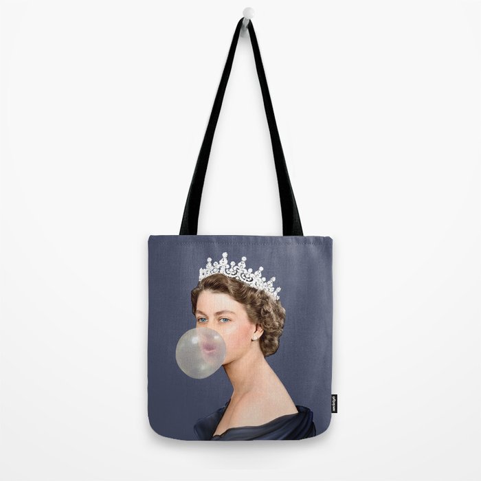 Queen Elizabeth in blue satin blowing a bubble gum Tote Bag Gallery Image 2