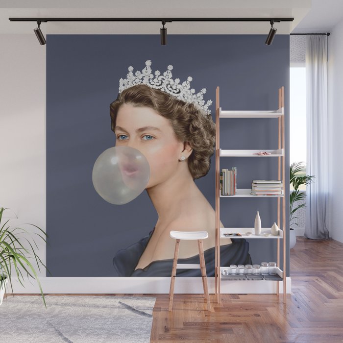 Queen Elizabeth in blue satin blowing a bubble gum Wall Mural Gallery Image 1