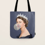 Queen Elizabeth in blue satin blowing a bubble gum Tote Bag Gallery Image 1
