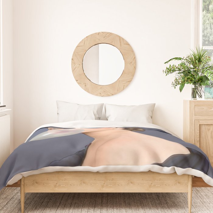 Queen Elizabeth in blue satin blowing a bubble gum Duvet Cover Gallery Image 3