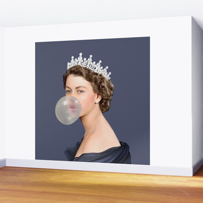 Queen Elizabeth in blue satin blowing a bubble gum Wall Mural Gallery Image 2