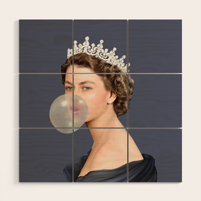 Queen Elizabeth in blue satin blowing a bubble gum Wood Wall Art Gallery Image 1