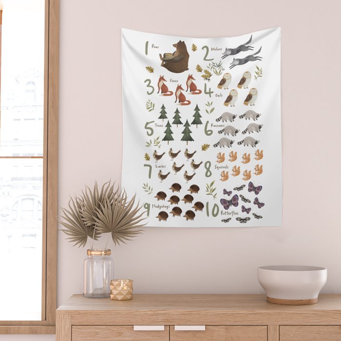 Woodland forest numbers - matches alphabet, for kids / children Wall Tapestry Gallery Image 2