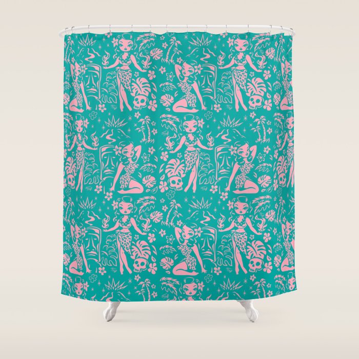 Tiki Temptress in Pink and Turquoise Shower Curtain Gallery Image 1