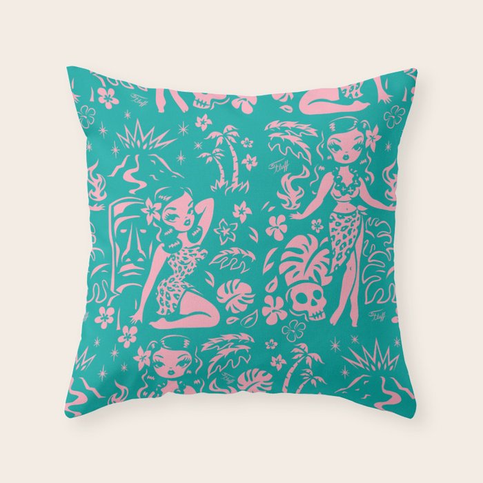 Tiki Temptress in Pink and Turquoise Throw Pillow Gallery Image 6