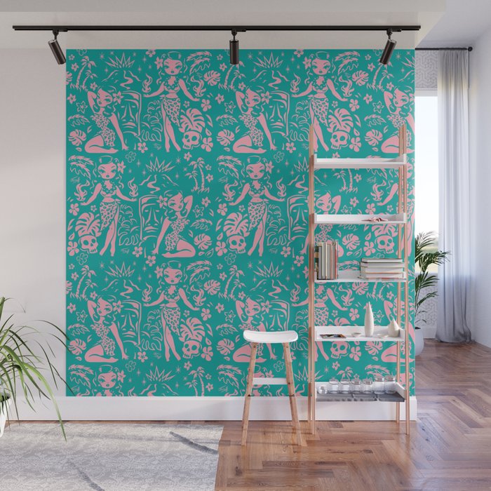 Tiki Temptress in Pink and Turquoise Wall Mural Gallery Image 1