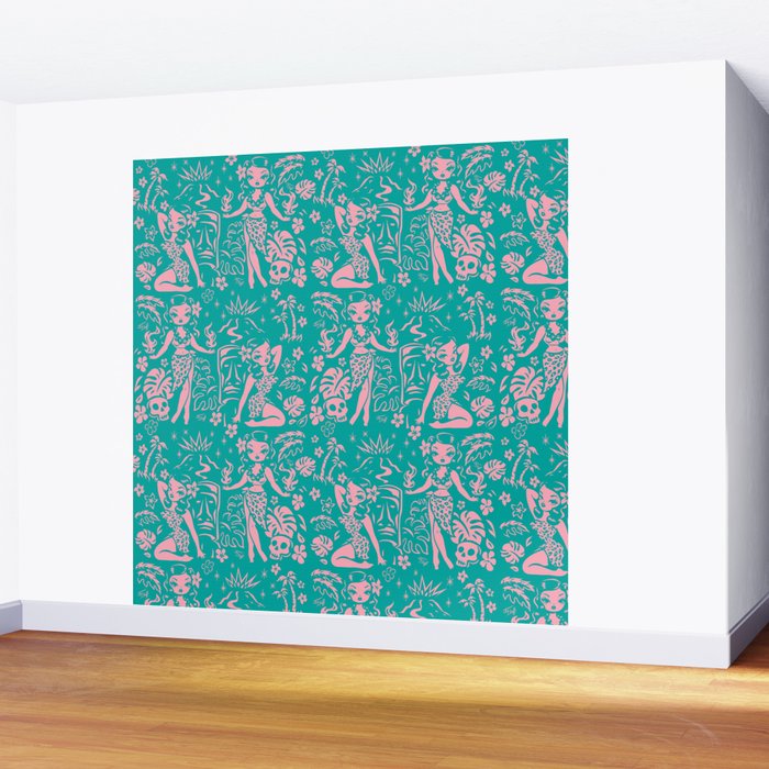 Tiki Temptress in Pink and Turquoise Wall Mural Gallery Image 2