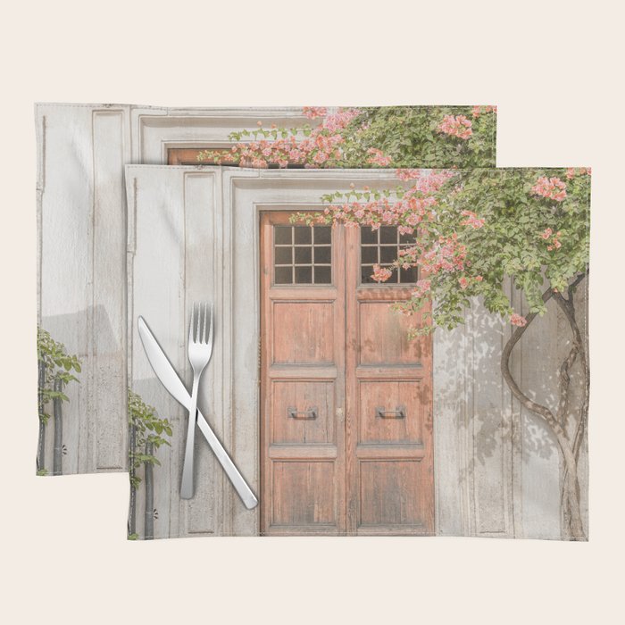 Floral Entry In Rome | Front Door Collection Travel Photography Art Print | Pink Summer Flowers In Italy Placemat Gallery Image 1