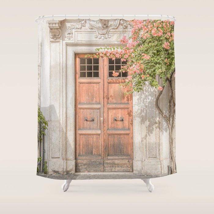 Floral Entry In Rome | Front Door Collection Travel Photography Art Print | Pink Summer Flowers In Italy Shower Curtain Gallery Image 1