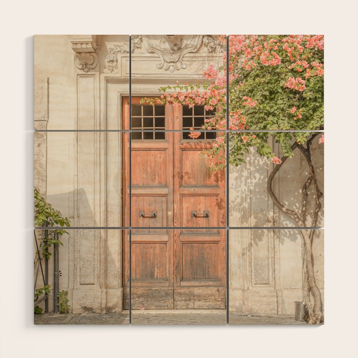 Floral Entry In Rome | Front Door Collection Travel Photography Art Print | Pink Summer Flowers In Italy Wood Wall Art Gallery Image 1