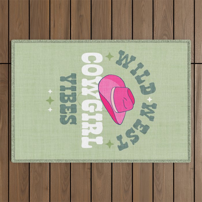 Wild-West Cowgirl Vibes with Hat Typography Pink and Green Outdoor Rug Gallery Image 1