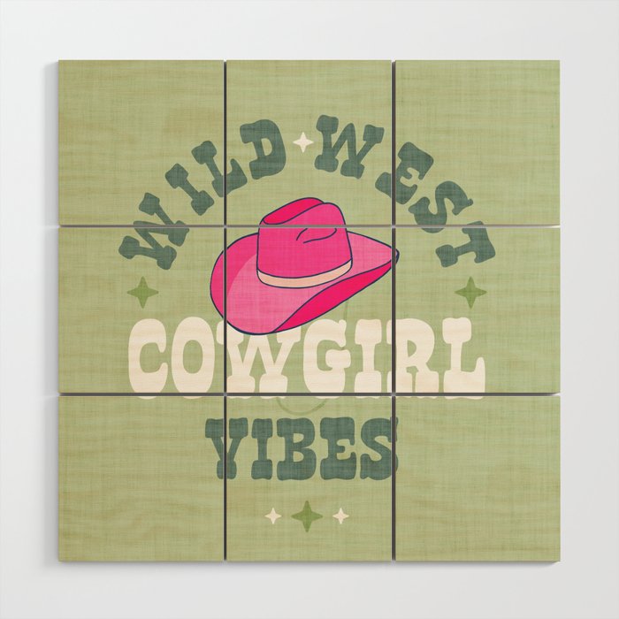 Wild-West Cowgirl Vibes with Hat Typography Pink and Green Wood Wall Art Gallery Image 1