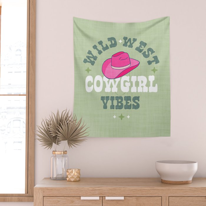 Wild-West Cowgirl Vibes with Hat Typography Pink and Green Wall Tapestry Gallery Image 2