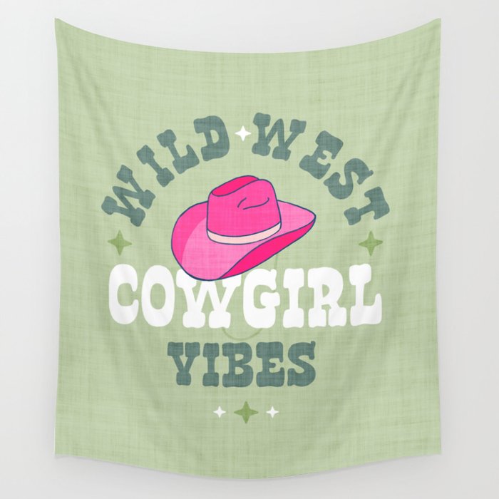 Wild-West Cowgirl Vibes with Hat Typography Pink and Green Wall Tapestry Gallery Image 4